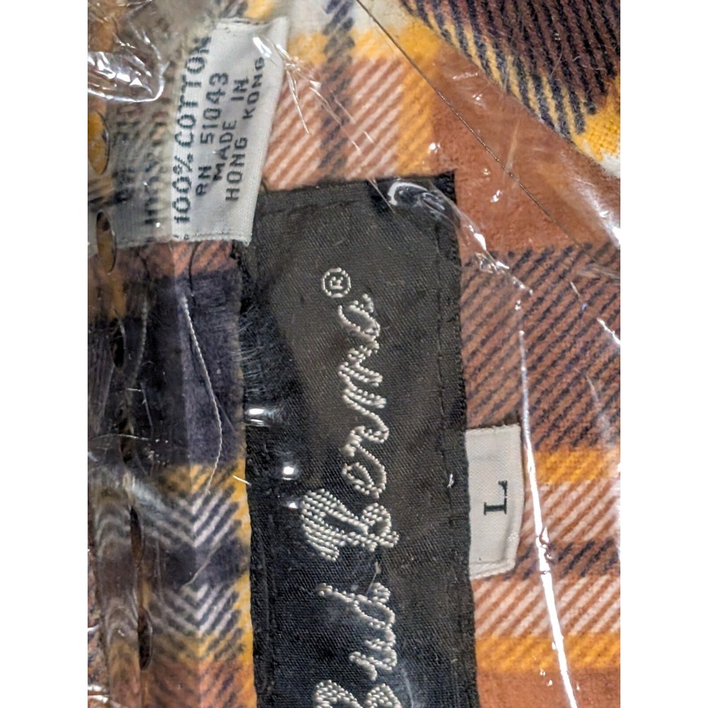 Bud Berma Flannel Shirt Plaid Brown Yellow Large NOS Vintage Made in Hong Kong - Picture 2 of 2